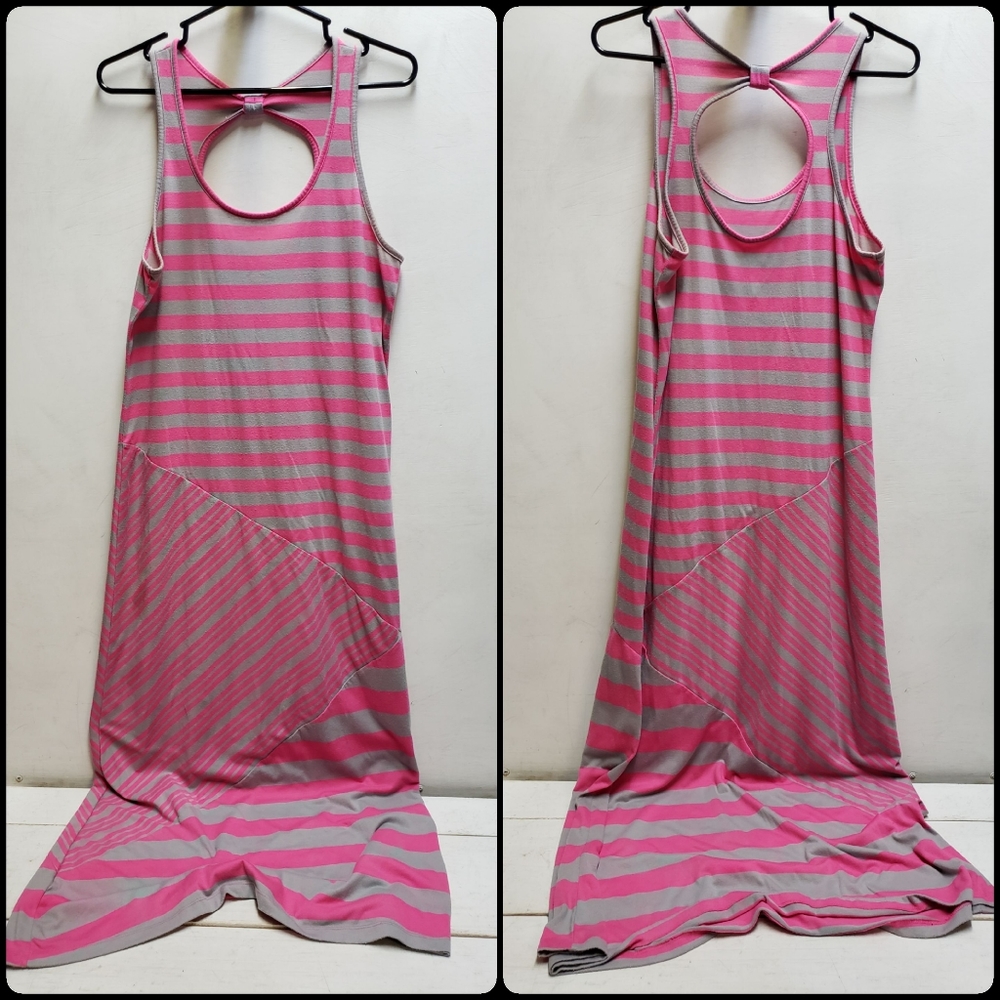 Mix & Co. womens large pink/grey stripe long stretch sleeveless maxi dress